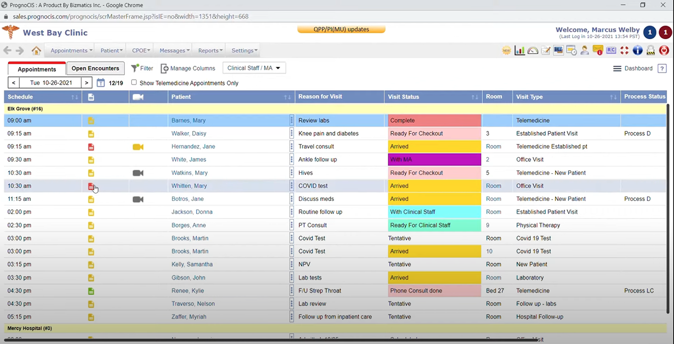 Incumbent EHR appointments schedule grid, showing patients, visit status, room, and visit type across multiple clinics
